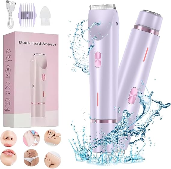 Glow Aura Womens Shaver, 2 in 1 Bikini Trimmer for Women USB Rechargeable, IPX7 Waterproof Wet & Dry Electric Razors, Painless Hair Remover for Bikini Underarm Leg Arm Body Face, Purple