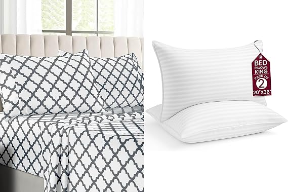 LUX Decor 4 Pcs Cal King Quatrefoil Sheet Set + 2 King Stripe Pillows Ultra-Soft Microfiber Bed Sheets with Flat Sheet, 16 Inch Deep Pocket Fitted Sheet & Pillowcases, Oeko-TEX White/Grey