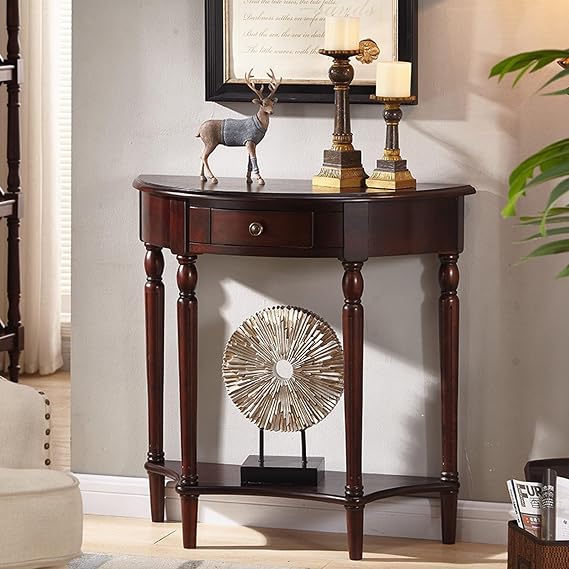 Solid Wood Semi-Circular Entryway Table, American Style Wall Half Moon Console Table, French Retro Vintage Hallway Decor For Entryway & Living Room(Walnut,100x80x30cm)