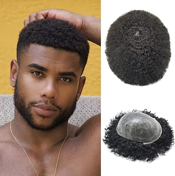 Afro Curly メンズ かつら アフロ かつら 黒人男性用 ヘアピース フル ポリスキン PU インジェクション カーリー ウェーブ アフリカ系アメリカ人 人毛 メンズ 交換用システム 20.3 cmx25.4 cm-1 ジェットブラック-8mm#-波