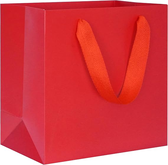 KEYYOOMY Red Gift Bags with Handles, Square Body Wide Bottom Kraft Paper Gift Bags Party Favor Bag for Wedding Birthday Christmas Shopping Business (10CT, 6x6x4 in, Red)
