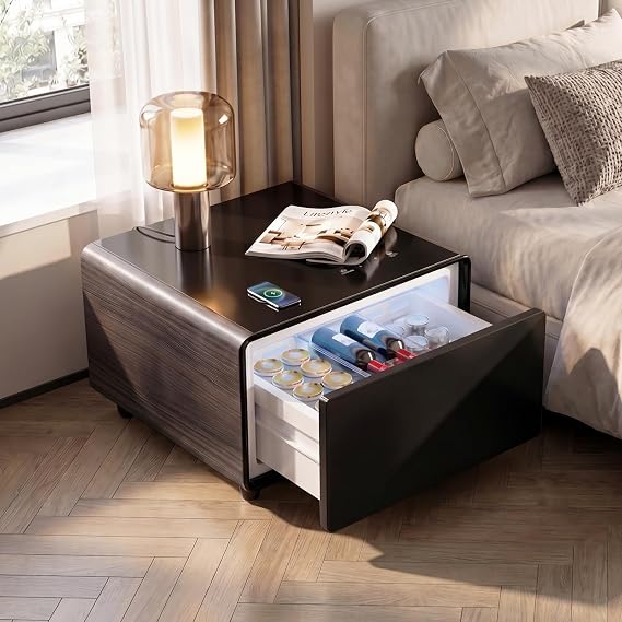 Smart Refrigerated End Table With 65L Drawer, Wireless Charging, USB Ports