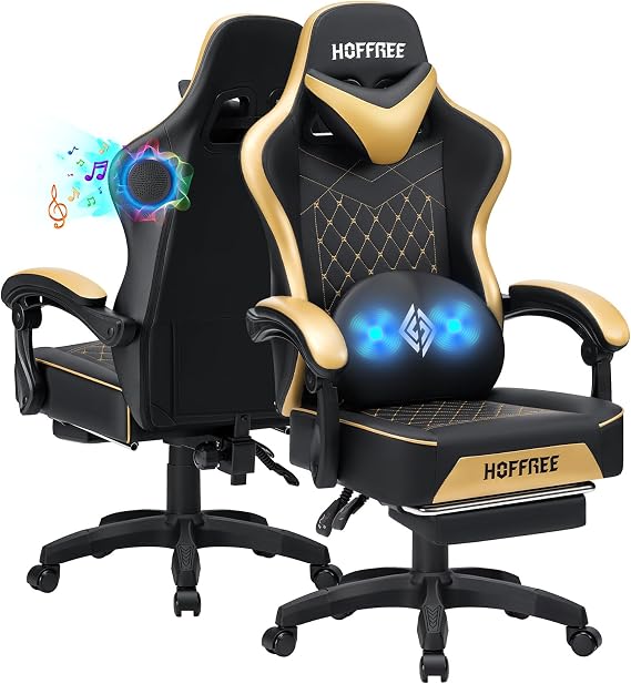 HOFFREE Gaming Chair Computer Chair with Speakers Massage Game Chairs with Footrest Bluetooth High Back Ergonomic Computer Gaming Chairs for Adults Reclining Video Gamer Chair Gold and Black | Bluetooth Video Game Chair High Back Gaming Chairs for Adults Reclining Gamer Chair with Footrest Computer Office Desk Chair