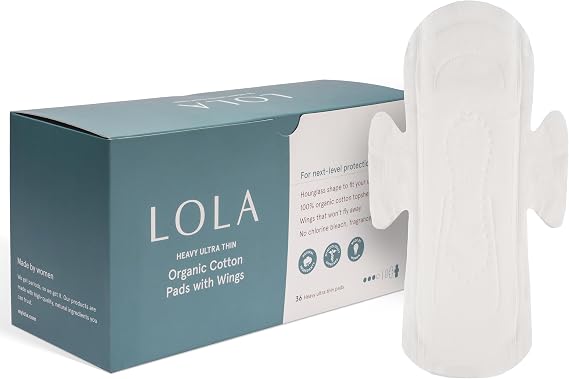 LOLA Organic Cotton Pads, 36 Count, Ultra Thin with Wings, Heavy
