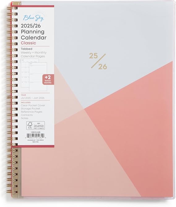 Blue Sky 2025-2026 Weekly & Monthly Academic Planner, 8.5"x11", Cali Pink