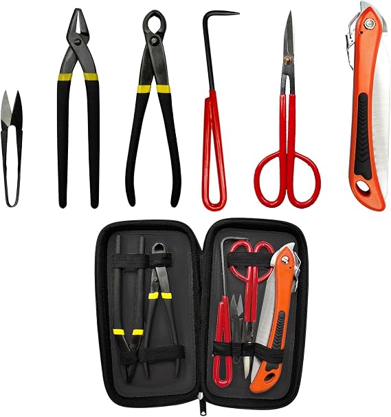 Voilamart 6 Piece Bonsai Tool Kit with Case, Carbon Steel Scissor Cutter Shear Set Garden Plant Tools