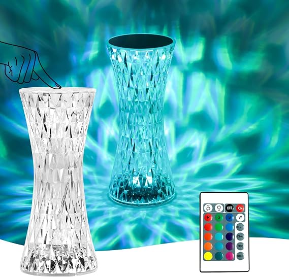 himmel LED Crystal Table Lamp Modern Creativity Acrylic Diamond Bedside Lamp Touch and Dimmable [16 Colours & 4 Modes] with Remote Control RGB Colour Changing Night Light for Bedroom