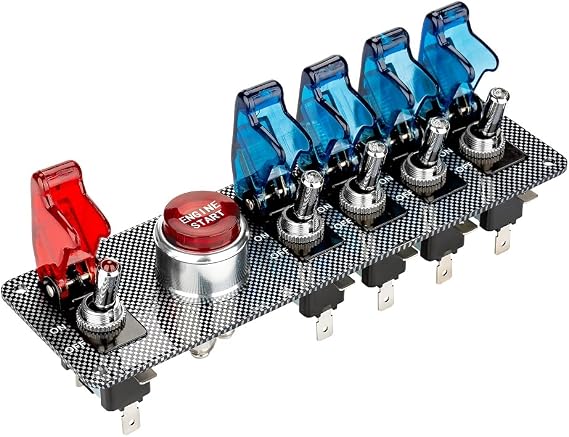 dc12v flip-up Ignition Switch Panel,5 in 1 car Engine Start Push Button led Toggle Switch Panel for Racing Sport Competitive car (4 Blue 1 Red)