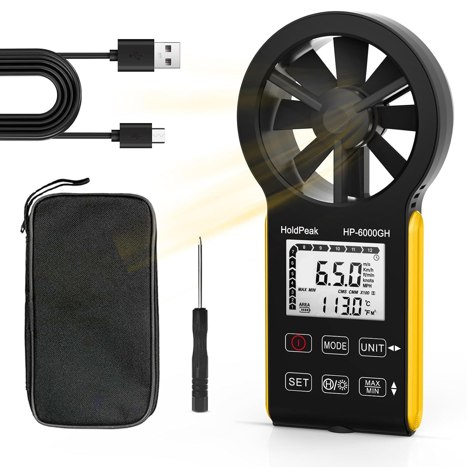 HoldPeak Handheld HVAC Anemometer, CFM Wind Speed Meter Air Flow Gauge Measuring Device with Waterproof Touch Button for HVAC Duct Air Vent, Sailing, Outdoor