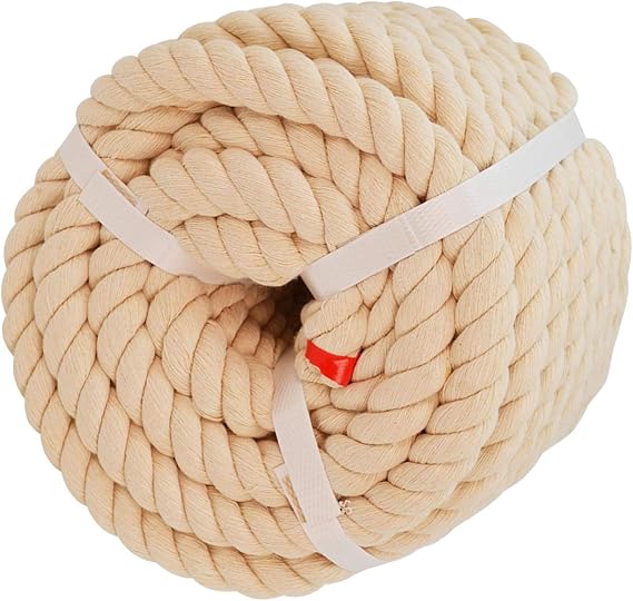 Twisted Cotton Rope (3/4 in x 100 ft) Natural Rope Thick Triple-Strand Rope for Crafts, Landscaping, Decorations,Hanging Swing, Macrame, Sports Tug of War
