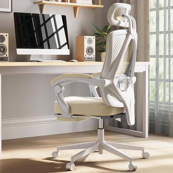Ergonomic High Back Office Chair with Wide Thick Seat Cushion,Adjustable Lumbar Support and Backrest (Beige w/Footrest)