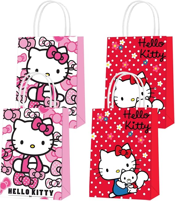 THREEMAO 16 Pcs Cat Favor Bags, 2 Styles with Handles, Candy Gift Bags for Kids Birthday Party Supplies