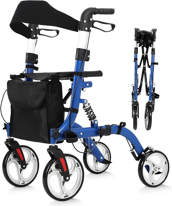 Walkers for Seniors with Seat, Foldable Rollator Walker with Seat, Shock Absorber, 12" Rubber Wheels, Adjustable Height with Backrest,Lightweight Aluminum Frame Rollator Walkers for Seniors