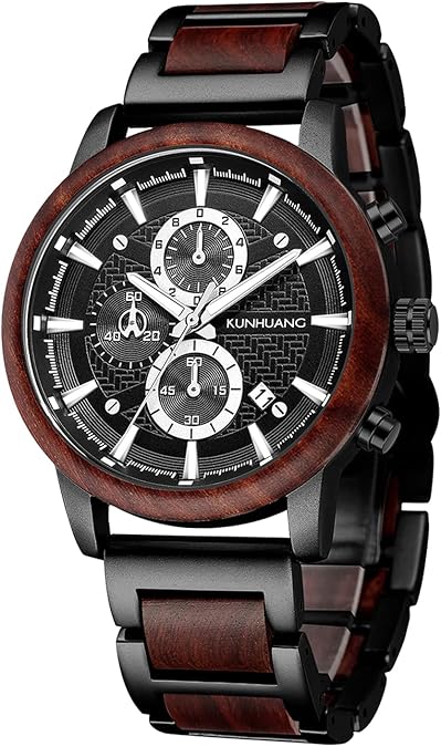 IK COLOURING Men's Wooden Watches, Multifuctional Quartz Chronograph & Date Display Watch for Men Handmade Wood Wrist Watch Luminous Stylish Casual Lightweight Wood & Stainless Steel Male Watch