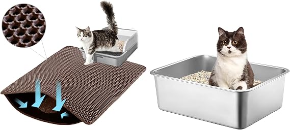 Cat Litter Box and Mat Bundle, 17.7"x13.8"x6" Stainless Steel High Sided Litter Box, 24"x18" Brown Double Layer Honeycomb Waterproof Mat, Mess Free Cat Supplies Set