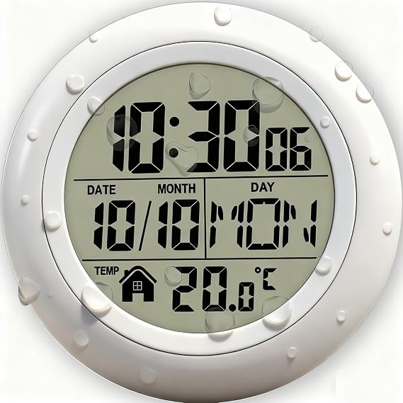 Shower Wall Clock, Digital Timer Shower Clock Waterproof, Bathroom Clock Waterproof with Plastic Frame and Acrylic Face, Bathroom Clocks Stand, Kitchen, Digital Silent Wall Clocks Suction Cup (White)
