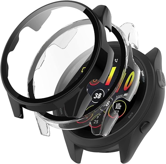 KZIOACSH Case with Tempered Glass for Garmin Forerunner 265, 2 Pack All Around Hard PC Cover Shell Ultra-Thin Anti-Scratch Shockproof Overall Screen Protector Protective Cove, Black+Clear