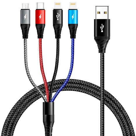 Multi Charging Cable [2Pack 6ft] Fast USB Charger Cord 3.5A Braided 4 in 1 Chargers for Multiple Devices with Lightning/Type C/Micro USB Ports for Cell Phones/iPhone/Samsung Galaxy/PS/Tablets & More