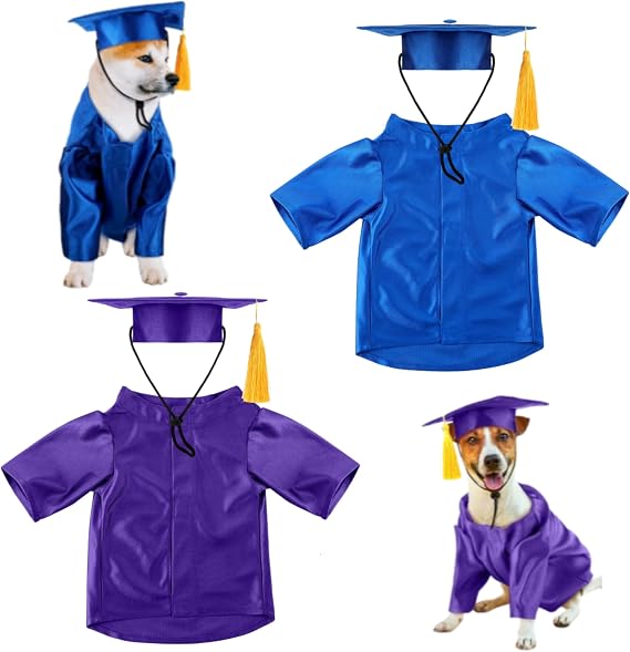 Dog Graduation Cap Gown Costume 2Pcs Washable Pet Graduation Robe with Tassel for Dogs Cat Shirt and Hat Small Medium Pet Graduate Outfits Gifts (Blue & Purple, S)