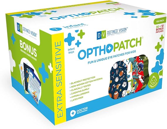 Opthopatch Eye Patches for Infants - Extra Sensitive Adhesive - Boys' Design [Series I] - 100 Count + 3 Reward Charts