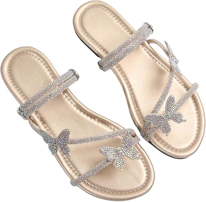 GORGLITTER Women's Butterfly Sandals Dressy Cute Strappy Glitter Rhinestone Open Toe Slides Wedding Bridal Flats Sandal