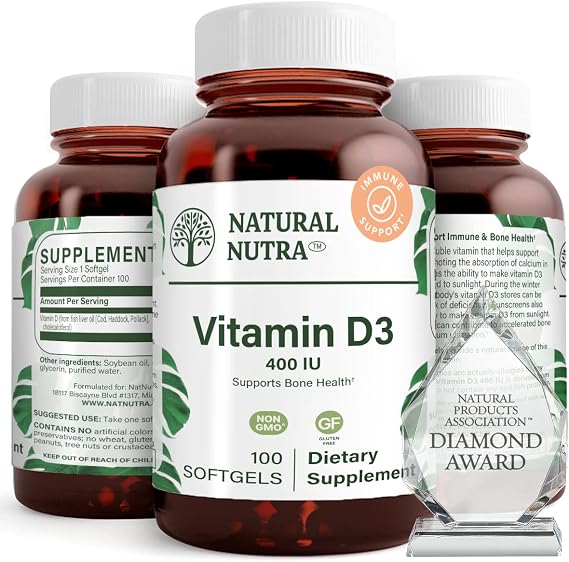 Natural Nutra 100 Vitamin D3 400 IU Softgels - VIT D Supports Immune Function, Bone & Teeth Health - Sunshine Vitamin D Formula for Cardiovascular & Lung Support - Gluten-Free Dietary Supplement