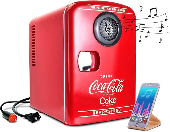 Coca Cola Mini Fridge - Refrigerator for Bedroom Skincare Office, Portable Table Top Beverage Cooler 12V DC/220V AC Refrigerador For Drink, Soda, Wine, Use In Car, Dorm, Patio, Bluetooth, 6 Can [Energy Class A]