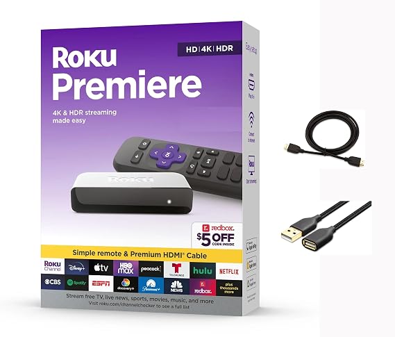 Roku 3920RW-SW Premier - 4K/HDR Streaming Media Player with Premium High Speed HDMI Cable & Simple Remote, Wi-Fi, MTC USB Extension Cord and HDMI Cable