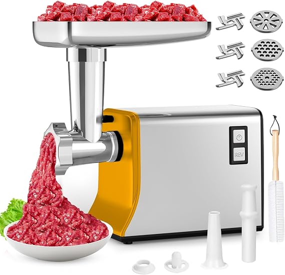 Electric Meat Grinder: [3000W Superior Motor] Meat Grinder with 6 PCS Stainless Steel Blades & Grinding Plates, Sausage Stuffer Tubes & Kubbe Kit Portable Handle for Gift (Blue)