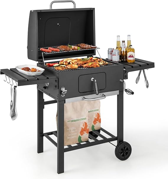 Giantex 24-Inch Charcoal Grill - 2 Foldable Side Tables, Bottom Storage Shelf, 8 Hooks, Adjustable Charcoal Tray, Pull-out Ash Tray, Outdoor BBQ Grill for Family Gatherings Backyard Party Camping