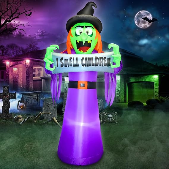 8FT Halloween Inflatable Witch Outdoor Decor with Banner I Smell Children