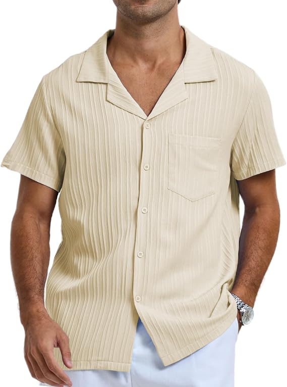 Qekoma Men's Casual Button Down Shirts Short Sleeve Summer Beach Vacation Textured Shirt with Pocket