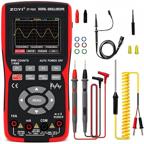 702S 2 in 1 Handheld Automotive Oscilloscope Multimeter - 10MHz Bandwidth 48MS/s Sampling Rate,Auto-Ranging 9999 Counts T-RMS Multimeter with Temperature Tester for Electronics Repair Test