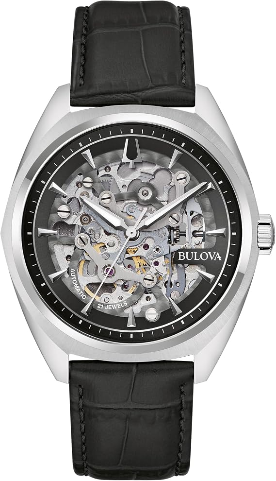 Bulova Men's Automatic Dress Classic Surveyor Watch, Black Leather Strap, Full Skeleton Dial, 42 Hour Power Reserve, 41mm