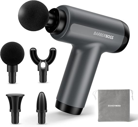 BarberBoss Mini Massage Gun with Pressure Sensor, 5 Intensity Levels Massager, Portable Handheld Muscle Massager with 4 Interchangeable Heads, Storage Pouch, Compact Body Massager, QR-3603