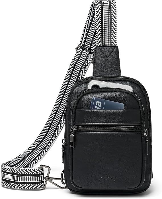 LATMAP 3L SMALL Sling Bag Fanny Packs For Women Men Mini Crossbody Chest Belt Travel Bag Purse Handbag Faux Leather Fashion Cute Black