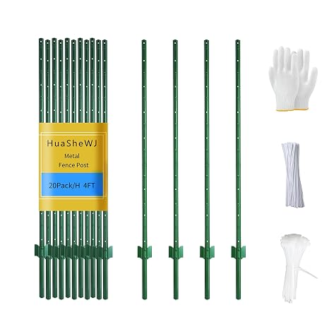Metal Fence Post 4 Feet Green, Pack of 20, T Post for Wire Fence