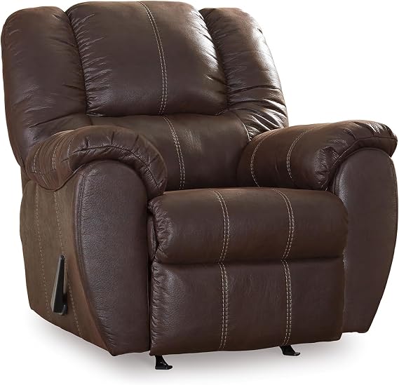 Signature Design by Ashley McGann Brown Rocker Recliner Chair, Walnut | Space-saving 12-in wall distance, Easy-clean faux leather, 3-position manual mechanism, Living room reclining chair