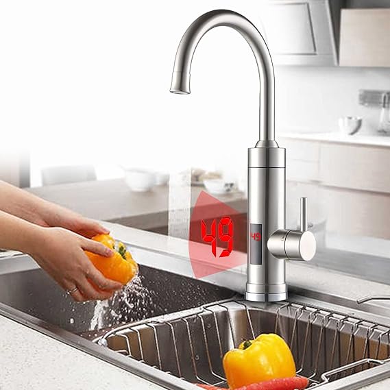 Electric Instant Hot Heater Tap Tankless Home Water Heaters Tap Faucet Kitchen Sink Tap, Stainless Steel Mixer Tap, 3300W Hot and Cold Water Heater with LED Digital Display for Home Bathroom (A)