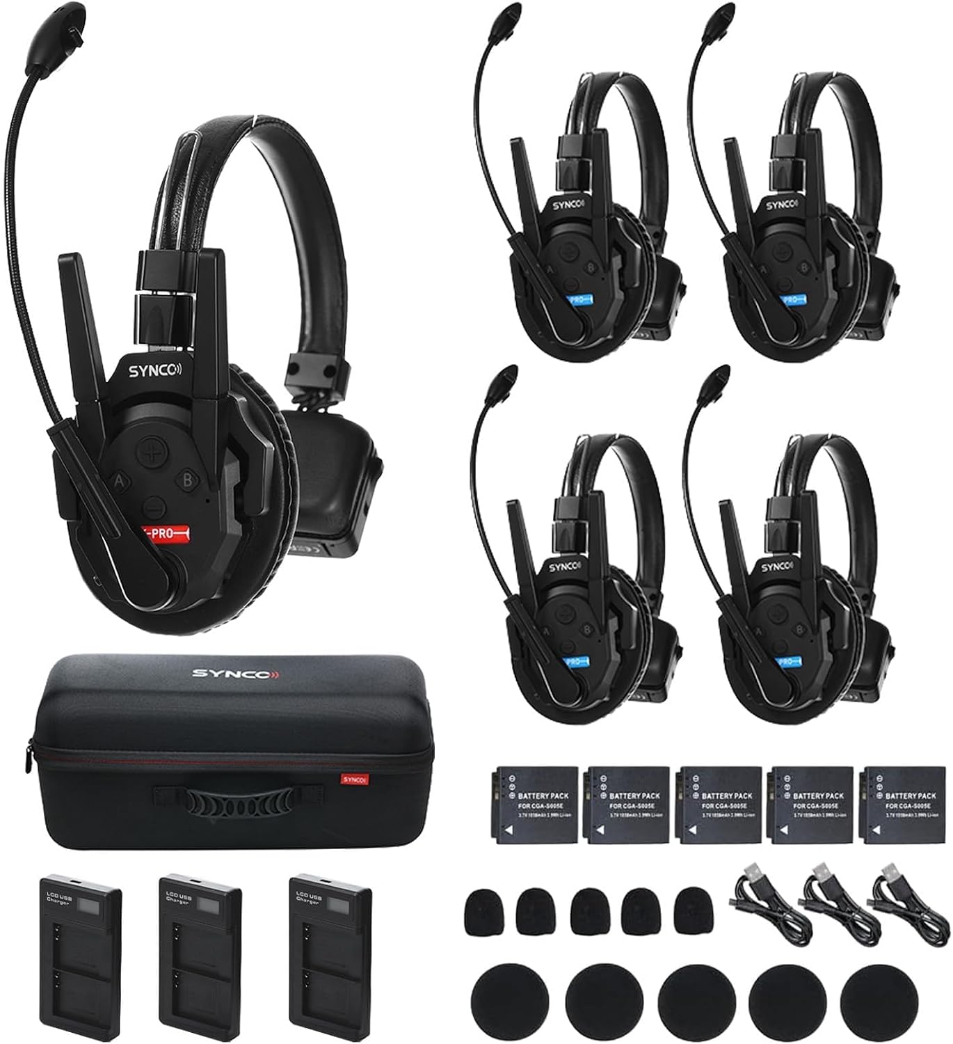 SYNCO XTalk Pro5 XPro X5 2.4GHz Wireless Headset Communication System Random Master Device 500m Operating Range Real-time Monitoring AI Noise Reduction Headset for Movie Shoot Live Show (5Pcs)