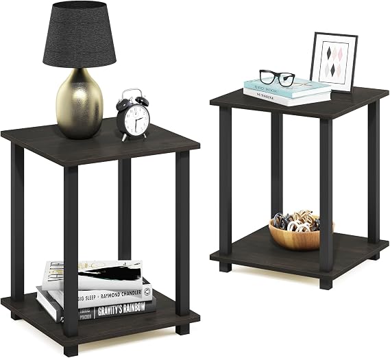 Furinno SIMPLISTIC Side Table Set of 2, 2-Tier Square Modern End Table, Nightstand, Night Stand, Bedside Table, Toolless Assembly, for Living Room, Bedroom, Espresso