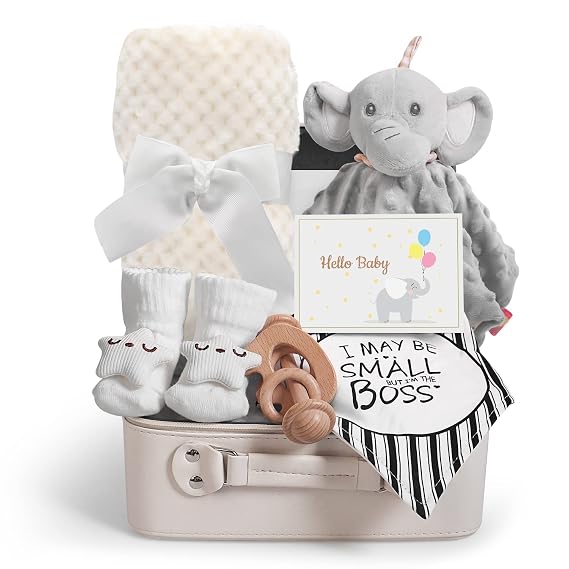 iAOVUEBY Baby Shower Gifts, Baby Boy Gifts, Christmas Baby Gift Set for Newborn Essentials Baby Blanket Elephant Lovey Wooden Rattle, Infant Bibs Socks & Greeting Card, Gender Reveal Gift Basket