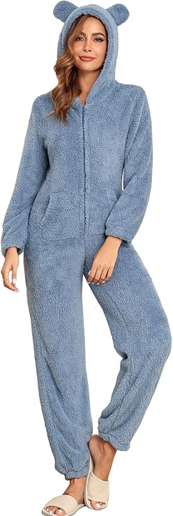 HOTIAN Fleece Onesie Pajamas for Women Fuzzy Sherpa Hooded Romper One Piece Winter Sleepwear Flannel Pajama Jumpsuit