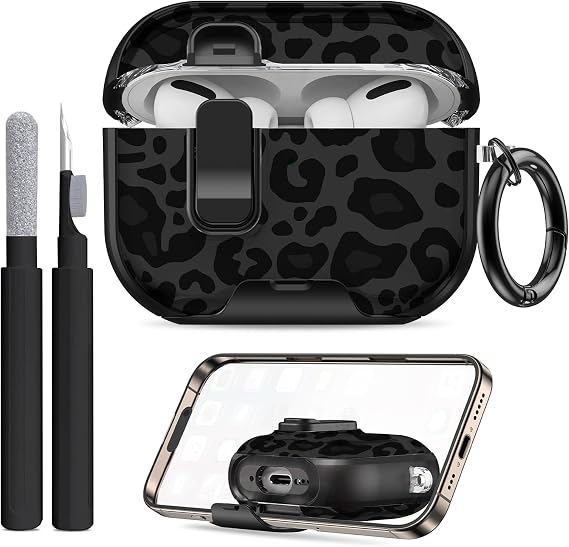 Compatible Airpods 4 Case (2024) with Phone Stand & Cleaner Kit,Print Soft Silicone Lock Clip Apple AirPods 4th Generation Case, Airpod 4 Cover with Keychain for Women/Girls,Leopard Print