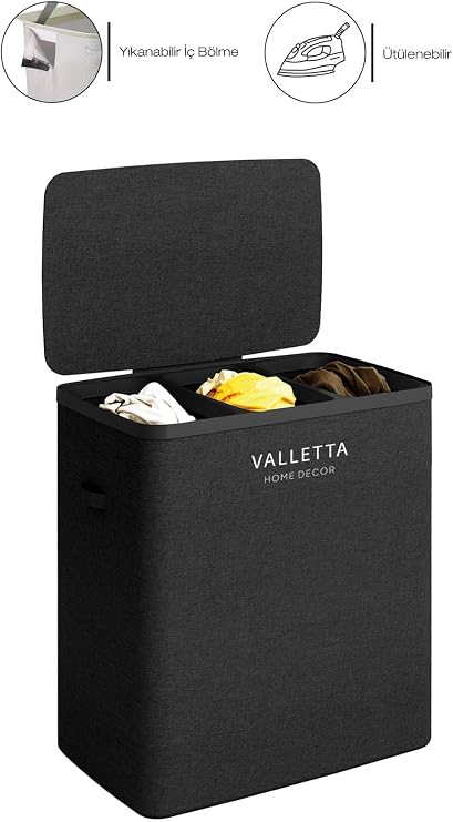 Valletta Paloma 120L Üç Yıkanabilir Bölmeli Katlanabilir Kumaş Kirli Çamaşır Sepeti Ink Black