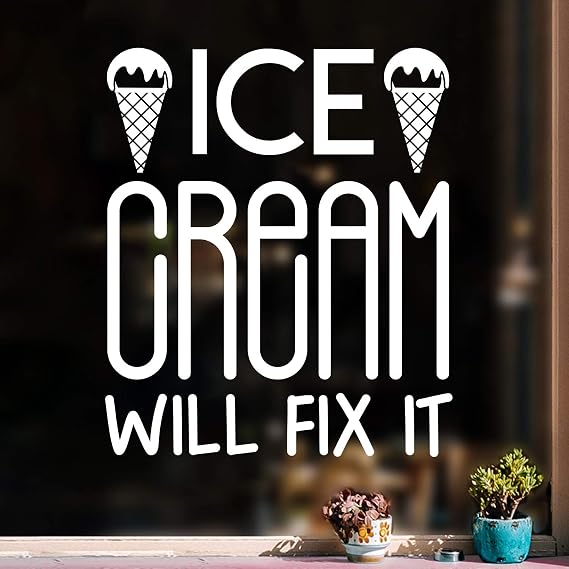 Vinyl Wall Art Decal - Ice Cream Will Fix It - 26" x 22" - Modern Funny Dessert Quote Sticker Sugar Cone Shape for Kids Room Home Playroom Kitchen Coffee Shop Store Decor (White)