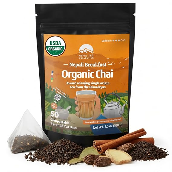 NEPAL TEA Organic Chai Tea Bags from the Himalayas, Chai Spice Blend - 50 Pyramid Tea Bags, Single Origin Chai Spice Tea from a Family Farm - Black Tea Bags, Loose Leaf Tea Inside (Nepali Breakfast)