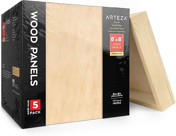 Arteza Wooden Canvas Board, 8x8 Inch, Pack of 5, Birch Wood, Cradled Artist Wood Panels for Painting, Encaustic Art, Wood Burning, Pouring, Use with Oils, Acrylics