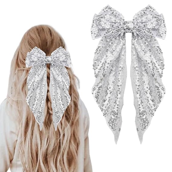 Kefley Silver Sequin Bow Hair Ribbon Clips for Women - Glittering Bows - Disco Sparkling Hair Bow Clips - Headwear for Party Ball - Bow Hair Accessories