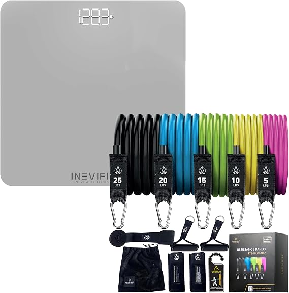 INEVIFIT Strength & Wellness Bundle, Premium Bathroom Scale & 150 LBS Resistance Band Set for Home Workouts